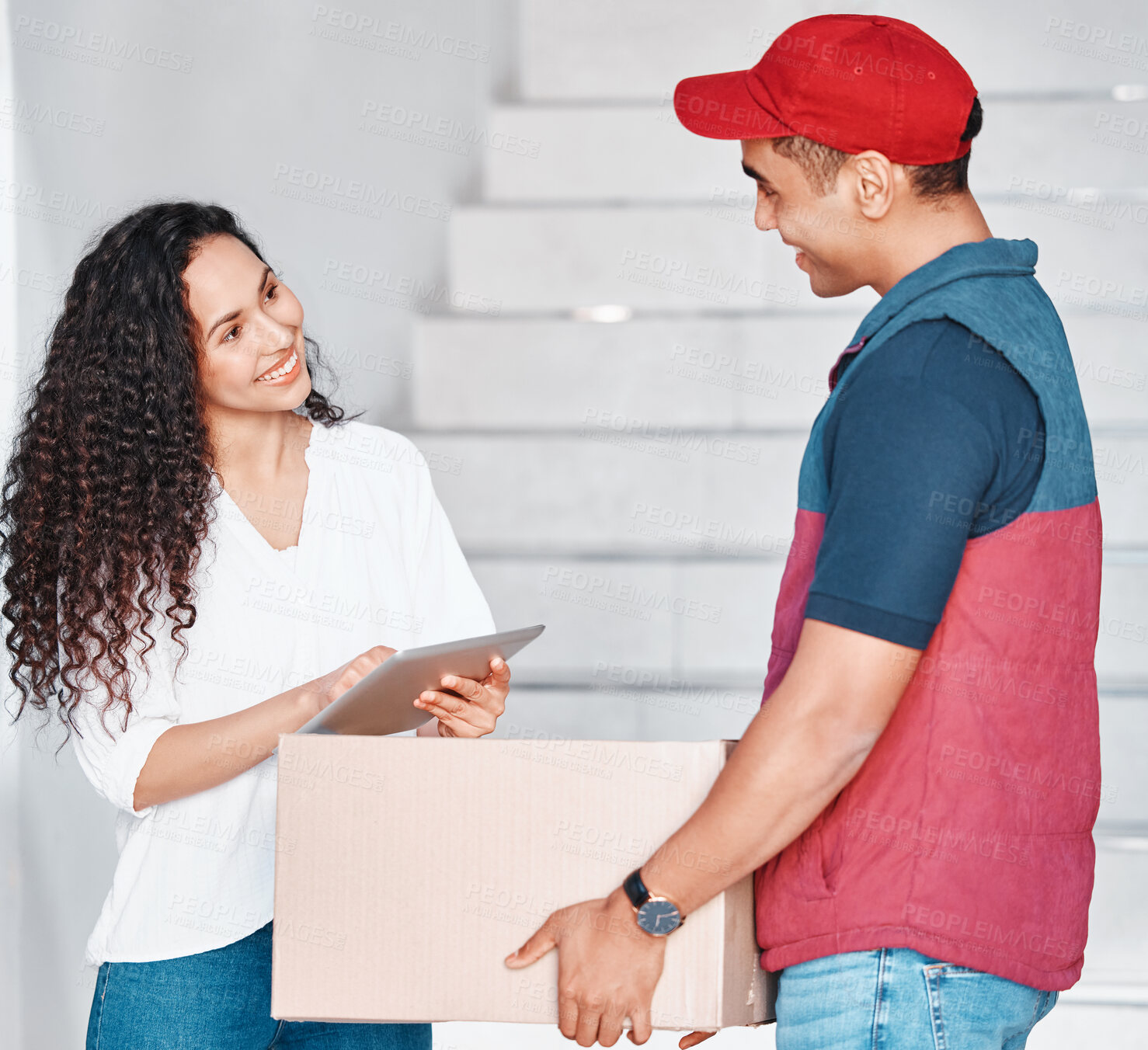 Buy stock photo Delivery, tablet and courier with a box, stock and ecommerce cargo for a woman at her house. Happy, young and customer giving her signature on technology to a worker with a retail package at her home