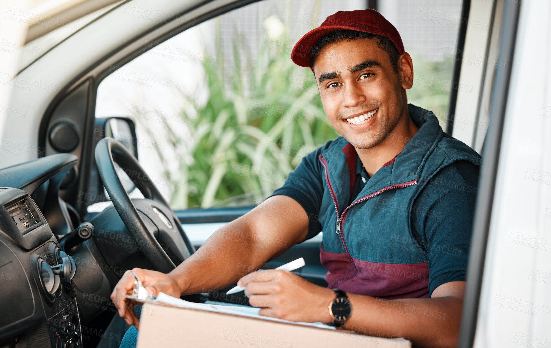 Buy stock photo Logistics, supply chain and delivery with a shipping man in a van with a package and contract for retail. Ecommerce, truck and stock with a male transport worker out for commercial distribution
