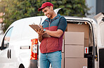 Delivery, inventory and courier writing on paperwork while working in the ecommerce business. Happy, young and logistics worker with smile for documents, paper and transportation of boxes in a van