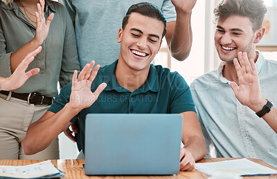 Buy stock photo Wave, business and employees on a video conference on a laptop in an office at work. Happy, smile and excited workers greeting on meeting online, webinar or video call with the global corporate world