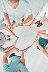 Support, group and heart hand with top view for company solidarity, synergy or team building. Trust, unity and care of office people with hands together for integrity, cooperation or kindness.