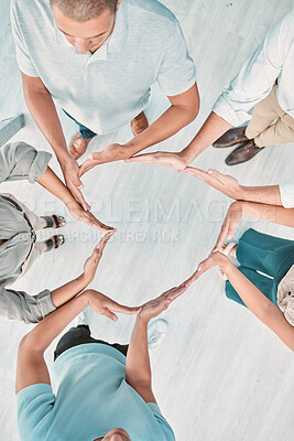 Buy stock photo Support, group and heart hand with top view for company solidarity, synergy or team building. Trust, unity and care of office people with hands together for integrity, cooperation or kindness.
