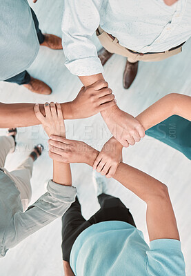 Buy stock photo Business team, hands and teamwork collaboration together in shape from above. Corporate men support, trust and hope motivation success working in office, unity, commitment and union care