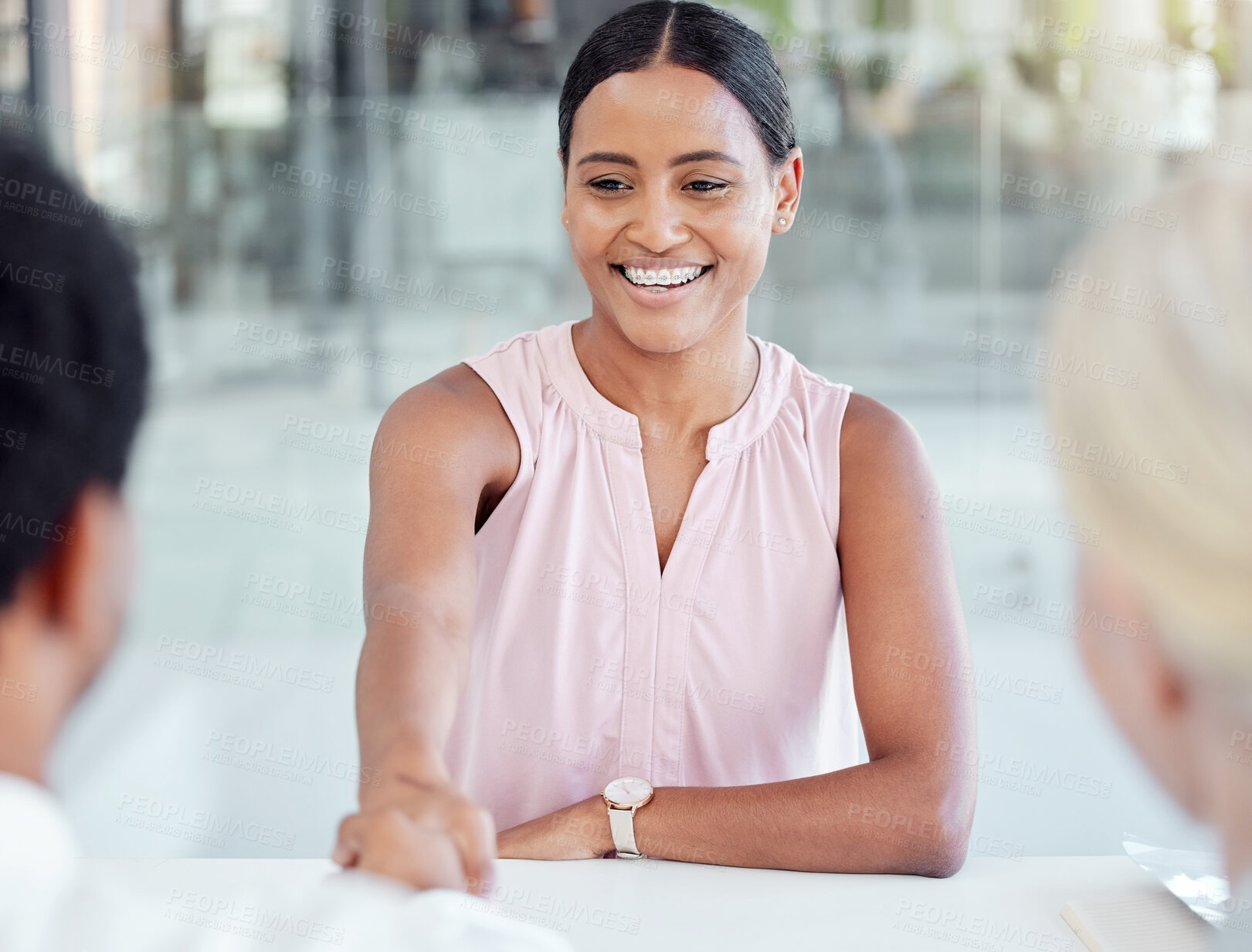 Buy stock photo Recruitment, handshake and black woman in hiring interview with hr for marketing job or advertising career. Onboarding welcome introduction, human resources or thank you hand shake from business girl