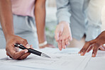 Chart, growth and hands of business people in a meeting planning a strategy for profit target or company goals. Teamwork, collaboration and workers working on a startup development project paperwork