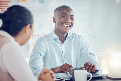 Buy stock photo Black businessman, smile and happy in office meeting for digital marketing strategy, advertising and company budget planning. Teamwork, collaboration or worker motivation in growth success innovation