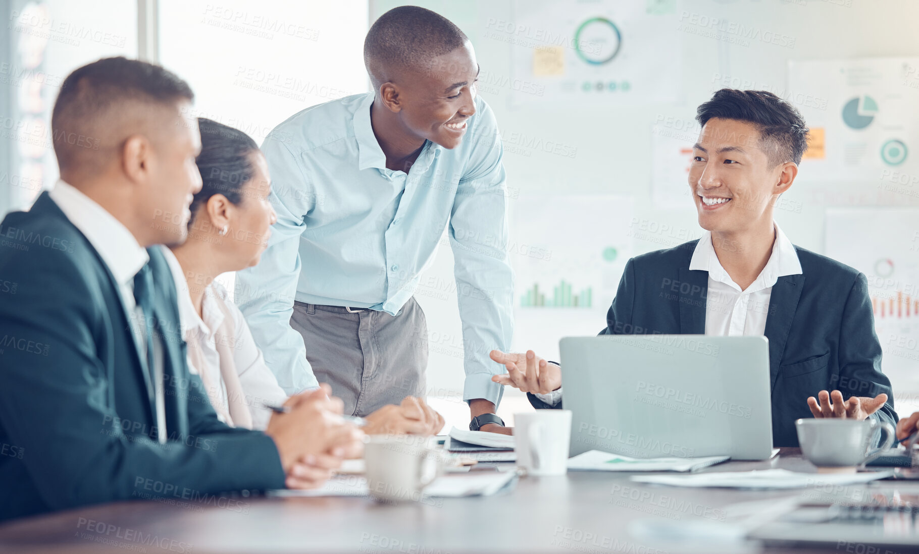 Buy stock photo Smile, marketing and employees meeting, planning and working on a strategy for their startup business. Happy, corporate and training workers talking about a partnership with a laptop in an office