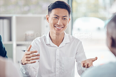 Buy stock photo Meeting, planning and strategy with an asian man in the boardroom with a team for business discussion. Coaching, teamwork and training with a male employee working with a project group in a workshop