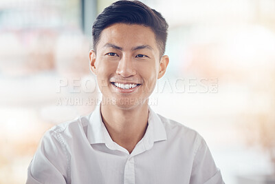 Buy stock photo Asian, businessman and portrait smile with happy vision for success against a bokeh background. Successful japanese male smiling with teeth in happiness for company plan, idea or goal at the office