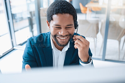 Buy stock photo Call center employee, phone call and contact, black man and support, customer service or telemarketing, headphones in office. African American, businessman and help, working and communication.