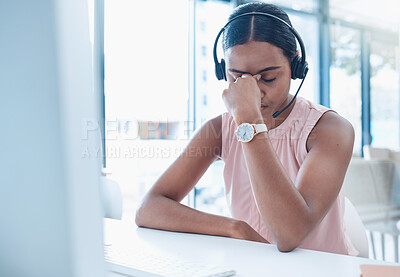 Buy stock photo Call center, customer service and telemarketing worker with headache, stress and anxiety of job burnout, computer glitch or depression. Crm consultant with mental health problem or compliance mistake