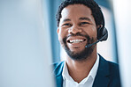 Customer support, black man and call center consultant speaking to an online client with a headset. Customer service, receptionist and telemarketing sales man consulting with technology in the office