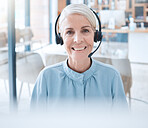 Call center, customer service and sales with a woman consultant at work on a headset in her office. Contact us, crm and telemarketing with a female consulting for help, support or technical service