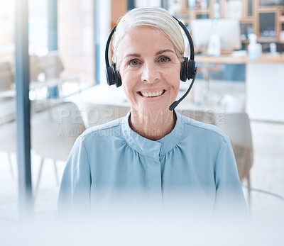 Buy stock photo Call center, customer service and sales with a woman consultant at work on a headset in her office. Contact us, crm and telemarketing with a female consulting for help, support or technical service