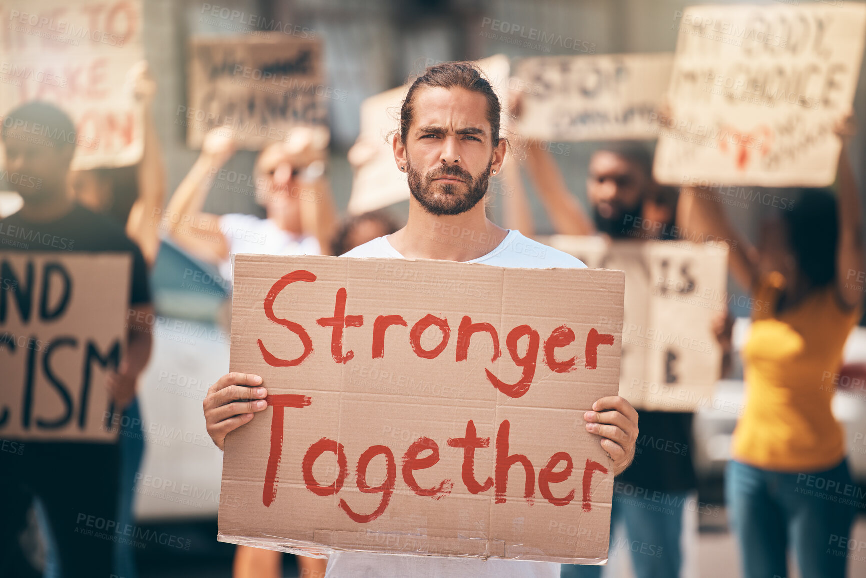 Buy stock photo Portrait, protest in street and group stand in solidarity, climate change and march together. Man, people and crowd support human rights, equality activism and blm movement for lgbtq, racism or earth
