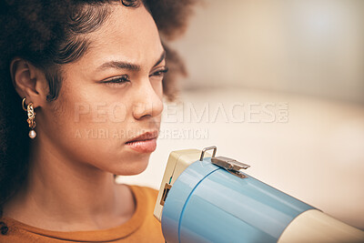 Buy stock photo Protest, angry and megaphone woman for justice, peace or global support, leadership and social equality. Gen z girl fight for politics, leader or human rights movement event in urban city for freedom