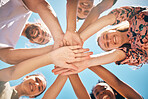 Support,love and friends hands connect for collaboration, teamwork and agreement together outdoor against blue sky background. Diversity, support and community with unity, faith and trust in nature
