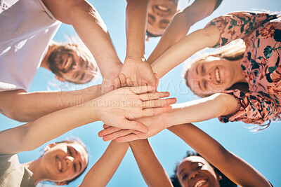 Buy stock photo Support,love and friends hands connect for collaboration, teamwork and agreement together outdoor against blue sky background. Diversity, support and community with unity, faith and trust in nature
