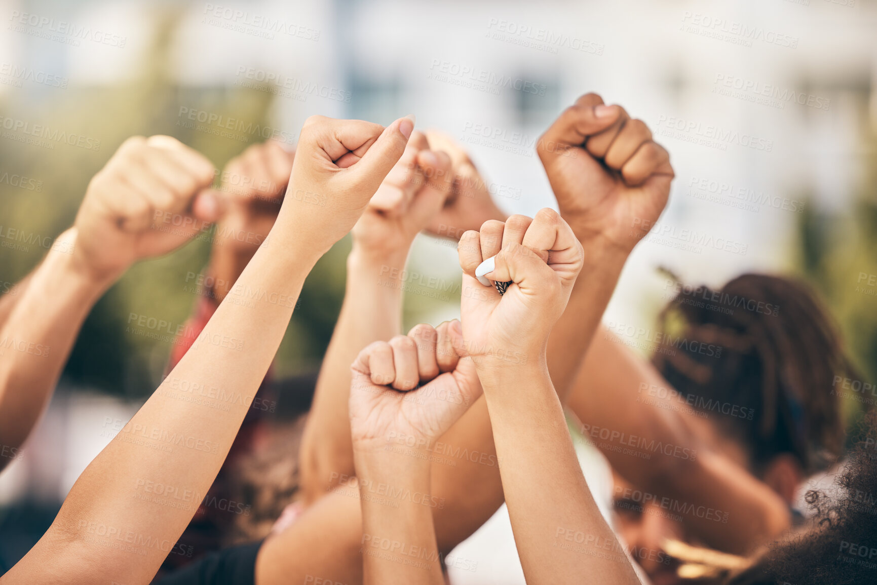 Buy stock photo Hands, protest and community with a group of people fighting for change or human rights in the city. Freedom, collaboration and politics with a crowd standing for climate change or equality outdoor