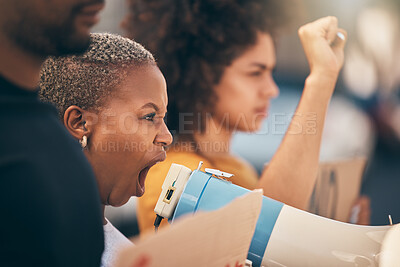 Buy stock photo Voice, megaphone and protest for women with human rights, equality and justice with community solidarity, government and politics. Activism crowd, black people fist or african group freedom of speech