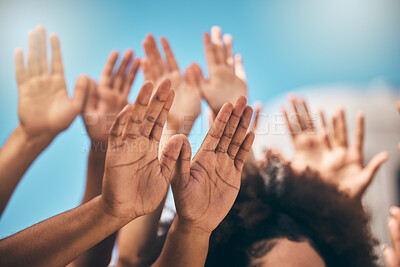 Buy stock photo Pray, hands and people praying against blue sky, united for religion, worship and praise outdoors. Community, church and hand of people in support of God, peace and love by group in spiritual prayer