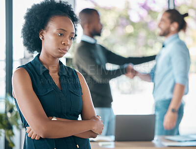 Buy stock photo Black woman, corporate and sad thinking of career promotion failure or decline in office. Unhappy, worry and doubt of girl employee at workplace distracted with bad thoughts of rejection.
