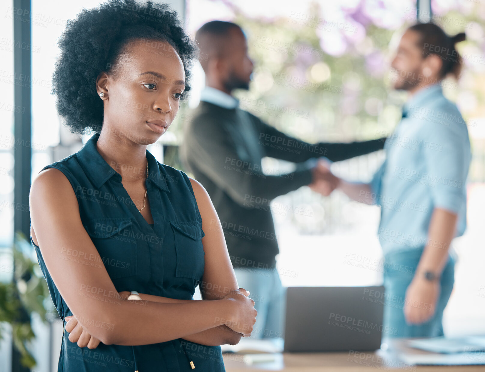 Buy stock photo Black woman, corporate and sad thinking of career promotion failure or decline in office. Unhappy, worry and doubt of girl employee at workplace distracted with bad thoughts of rejection.
