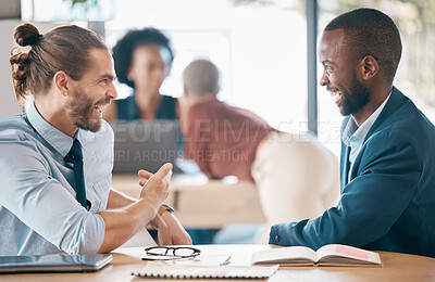 Buy stock photo Businessmen, harassment and laughing in office at woman, coworker or colleague together. Friends, judge or gossip about women, sexual or personal for talking, discussion or chatting at workplace