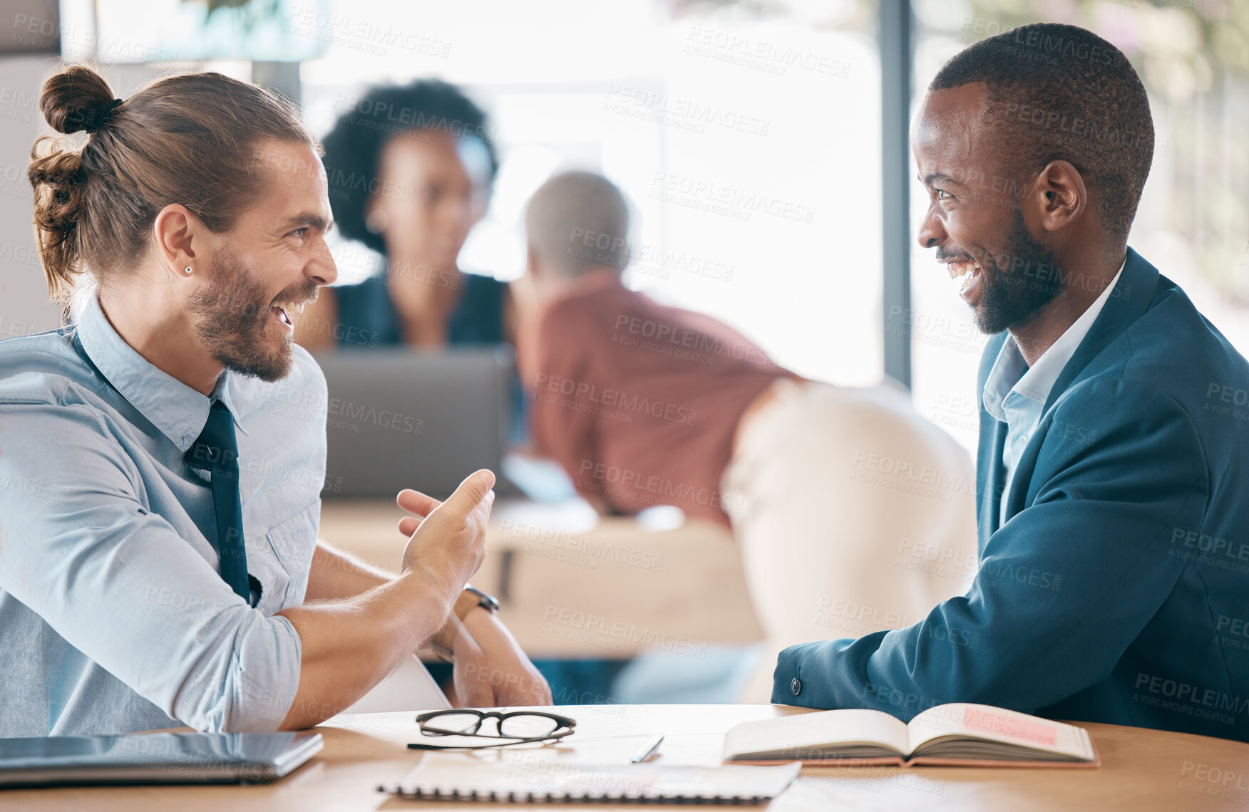 Buy stock photo Businessmen, harassment and laughing in office at woman, coworker or colleague together. Friends, judge or gossip about women, sexual or personal for talking, discussion or chatting at workplace