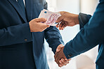 Handshake, money and business for partnership, sale transaction or boss pay worker with cash. Closeup, male hands or investment for exchange for services, success for contract agree or finance wealth