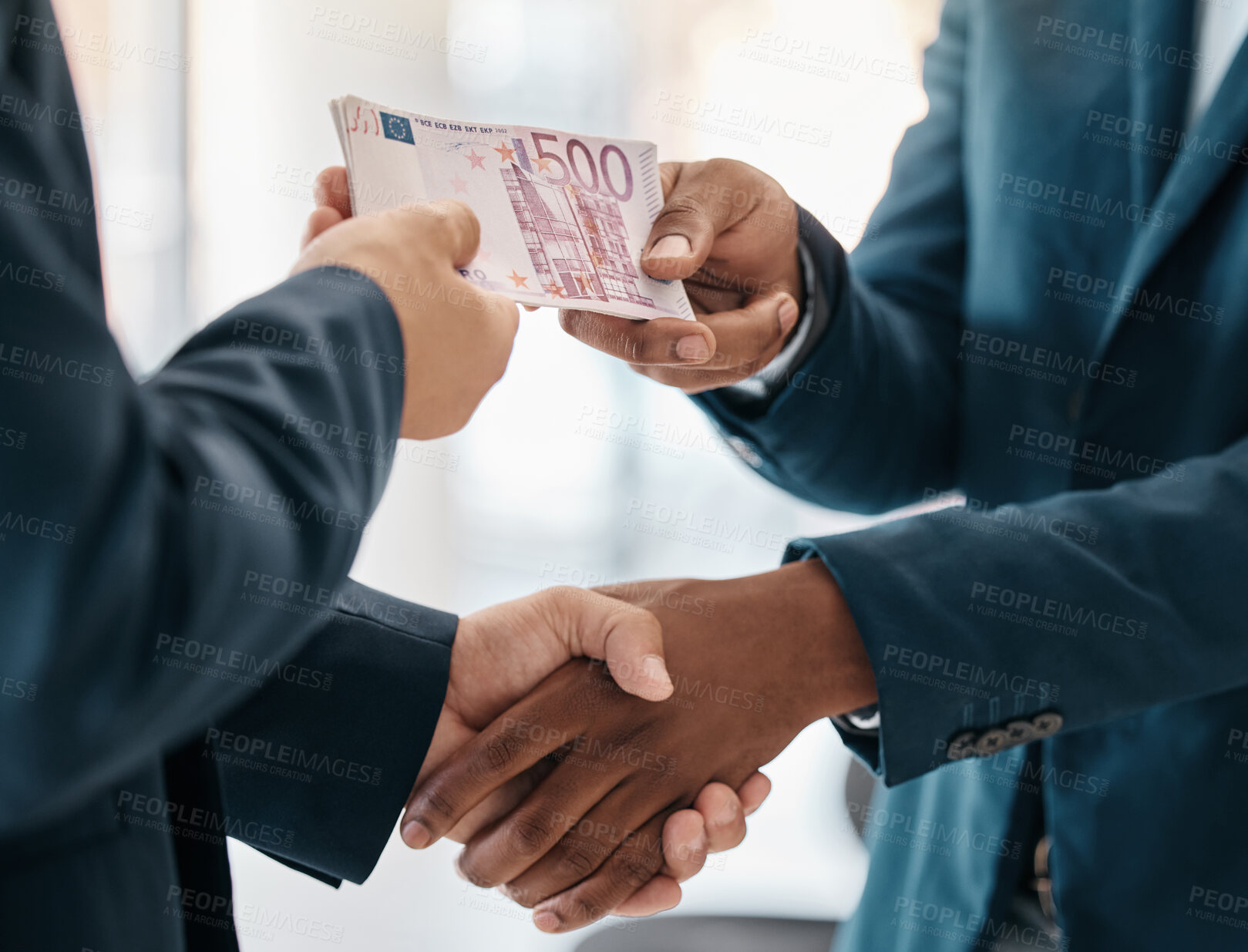 Buy stock photo Hands, money and business exchange service or sale transaction in store. Closeup of businessmen dollar payment, boss pay worker or invest cash at bank with financial investment advisor in office