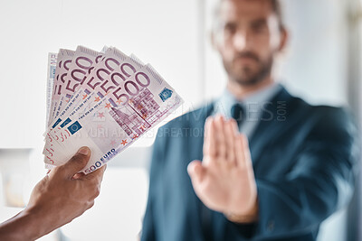 Buy stock photo Bribe, money and fraud businessman stop hands for money laundering, corruption and business deal exchange. Crime, ethics and lawyer business people euro cash offer for financial scam or secret profit