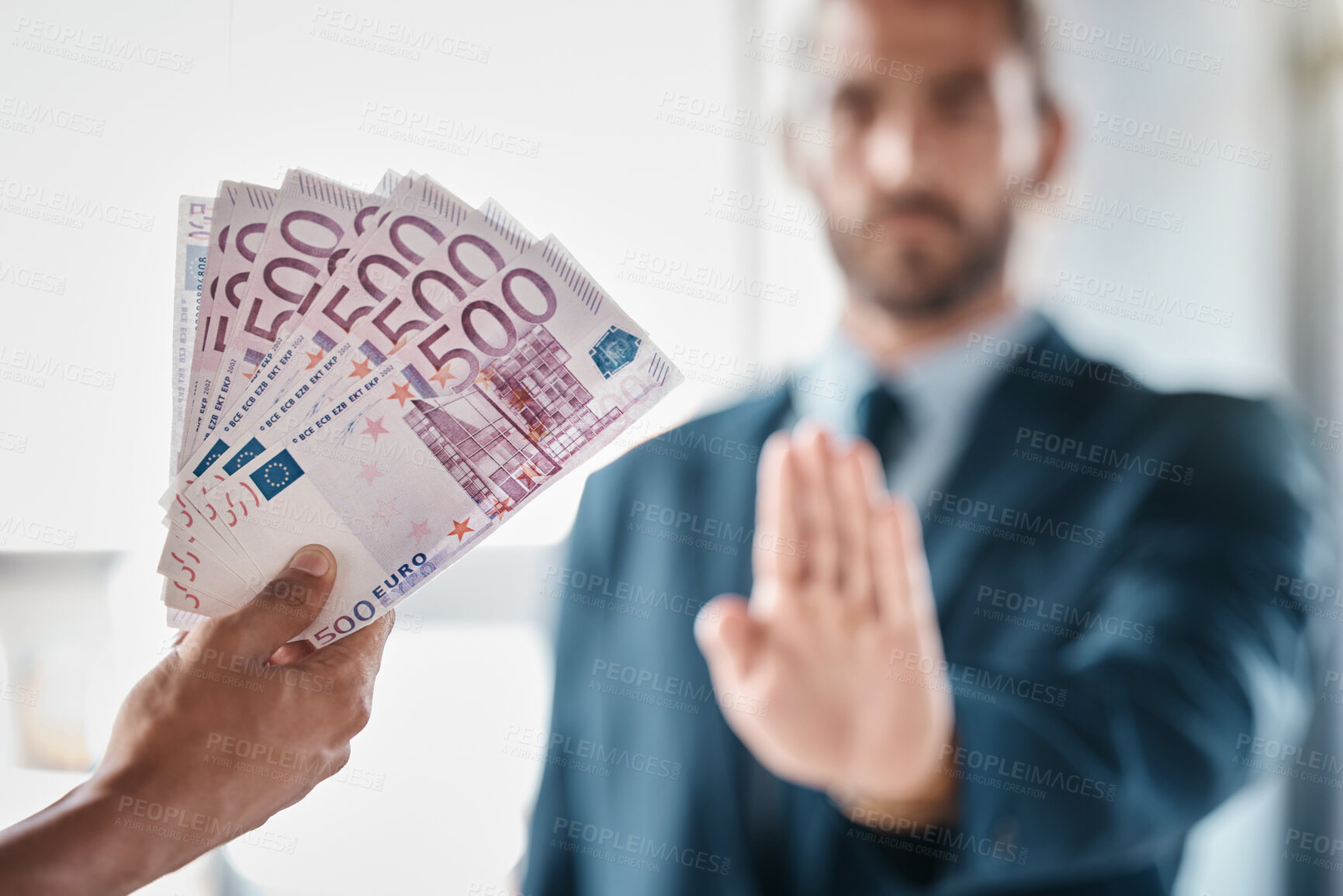 Buy stock photo Bribe, money and fraud businessman stop hands for money laundering, corruption and business deal exchange. Crime, ethics and lawyer business people euro cash offer for financial scam or secret profit