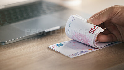 Buy stock photo Money, finance and euro currency with a hand of a man banker counting cash for wealth management or accounting. Business, financial and payment with a male accountant in his office for economy growth