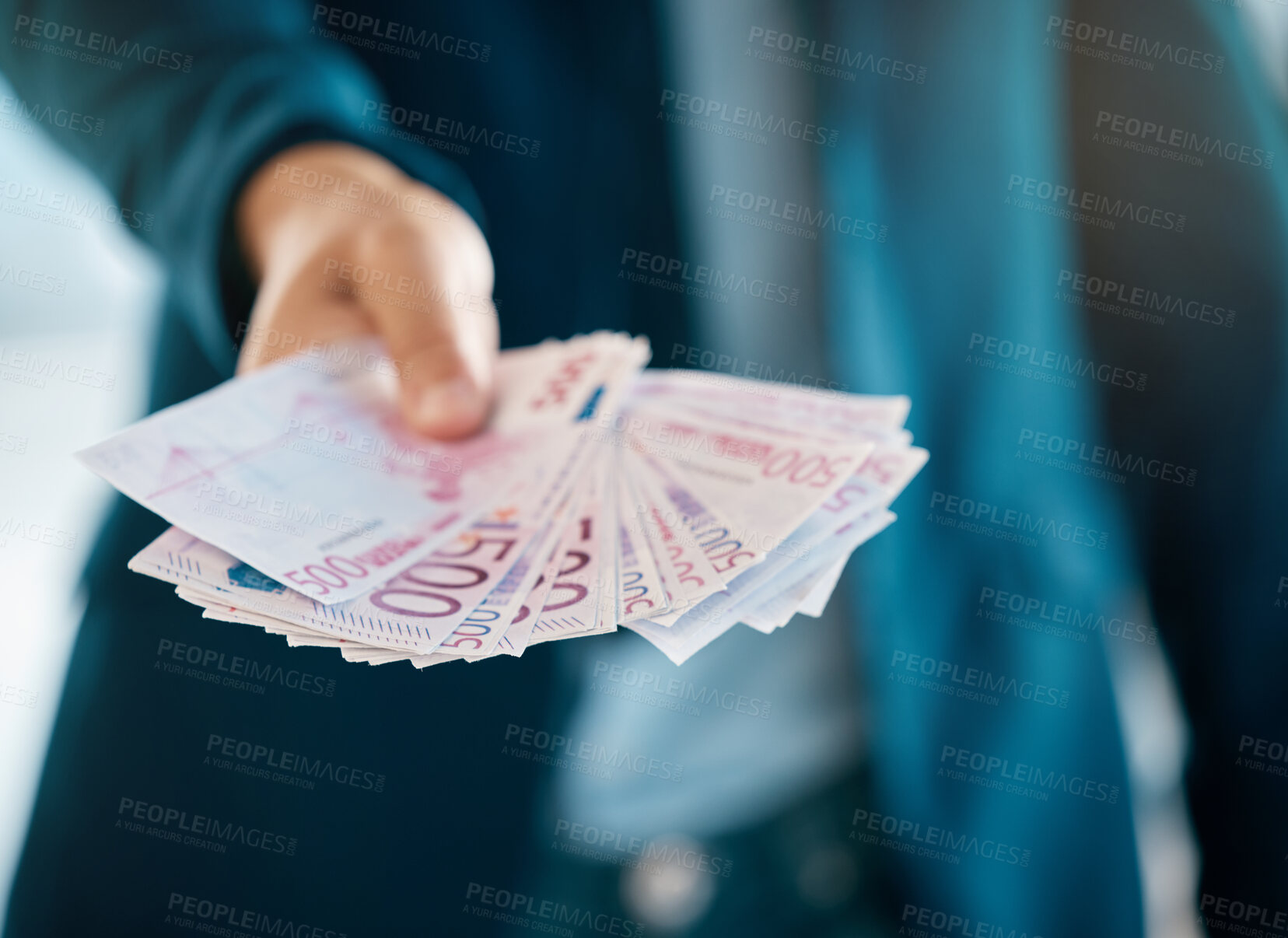 Buy stock photo Cash, bribe and money with euro paper currency in the hand of a business man in an accounting office. Finance, market and investment with a male employee working on the economy or financial growth