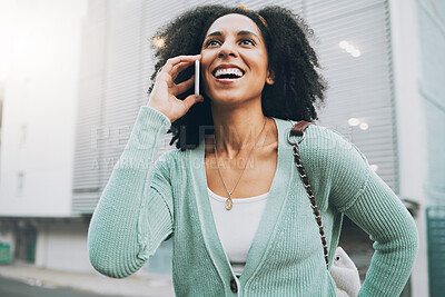 Buy stock photo Phone call, communication and happy black woman in city talking, chat or dialogue. Conversation, travel and female from South Africa on 5g smartphone, mobile or cellphone speaking, chatting or talk.
