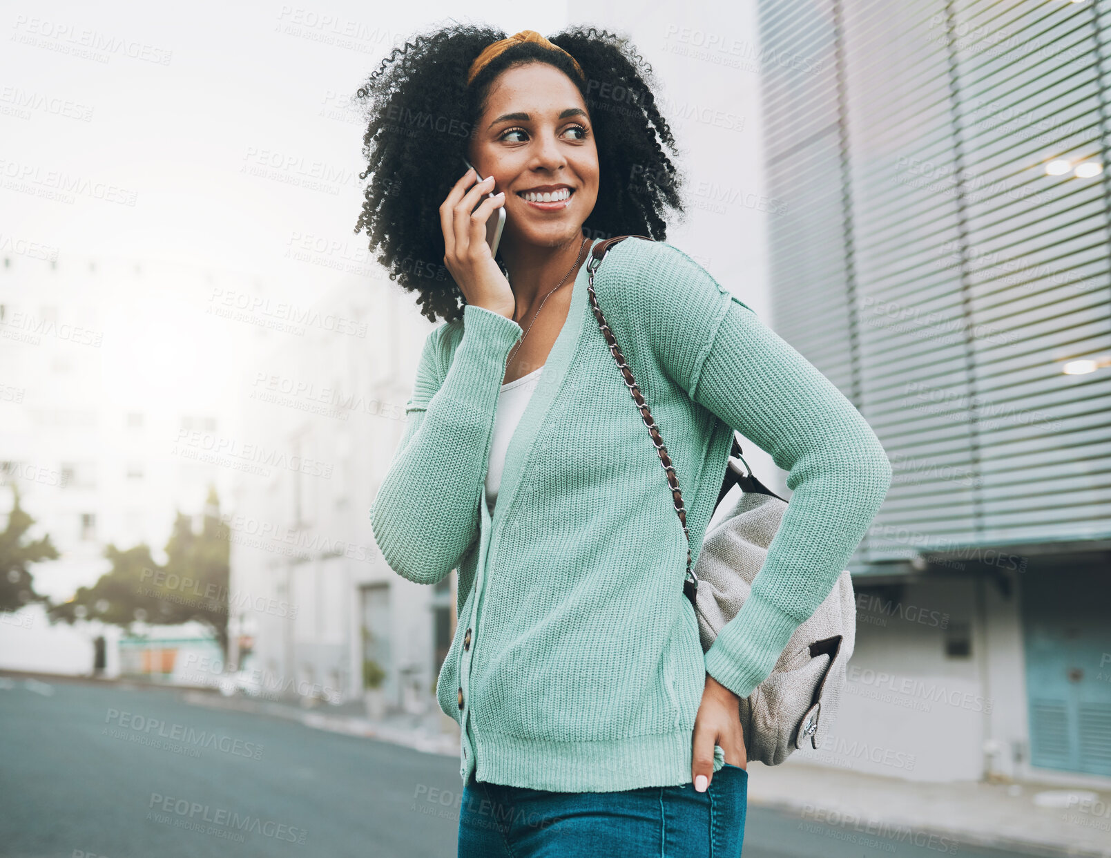 Buy stock photo Backpack, phone call and student in city street walking to university, listening to results or feedback on internship opportunity. Happy black woman with smartphone call talking outdoor in urban road