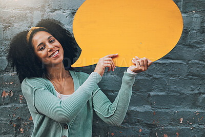 Buy stock photo Speech bubble, contact us and woman with communication social media icon with mockup space against a wall outdoors. Smile, good news and happy girl with networking, feedback and marketing sign