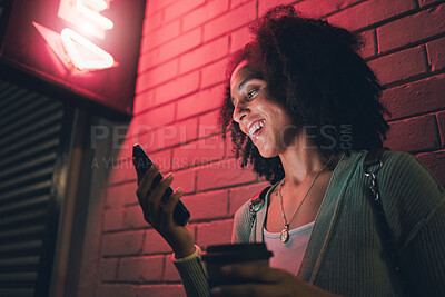 Buy stock photo Black woman, phone and night in city with smile on social media, app or communication on travel, tourist or adventure. Woman, smartphone and metro on web, internet or chat for happiness on smartphone