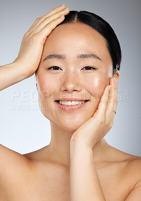 Buy stock photo Beauty, skincare and face portrait of Asian woman with smile, natural and healthy skin. Beauty products, skincare products and body care of girl with facial glow for spa, wellness and dermatology
