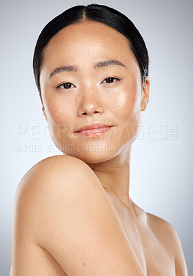 Buy stock photo Skincare, wellness and beauty portrait of Asian woman on white background studio. Young woman with natural beauty and healthy skin model for beauty products, spa and skincare products for body care