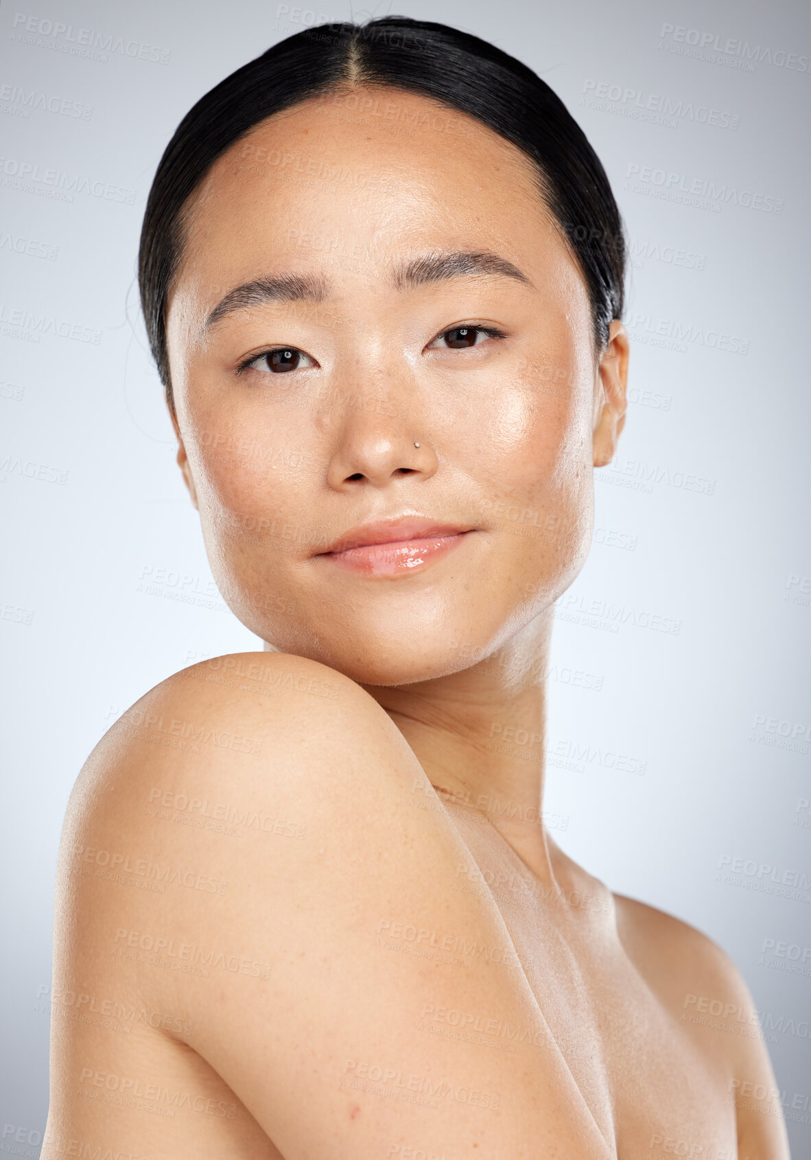 Buy stock photo Skincare, wellness and beauty portrait of Asian woman on white background studio. Young woman with natural beauty and healthy skin model for beauty products, spa and skincare products for body care