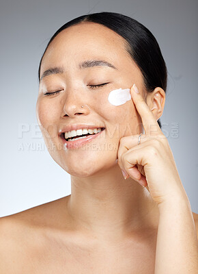 Buy stock photo Portrait of woman in skincare, beauty and skin products with lotion on her face. Mockup up for natural beauty, cosmetic products and wellness cream. Facial model for skin, cleaning and moisturizing
