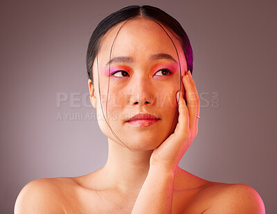 Buy stock photo Beauty, skin and face, woman and makeup, facial treatment and skincare, pose in natural cosmetic advertising with studio background. Body care, wellness and glow mockup, Asian model and cosmetology.