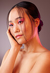 Futuristic, asian and makeup of woman for beauty, cosmetics and skincare color in studio mock up and neon light. Skin care, future and vaporwave model with Japanese or Korea dermatology health mockup