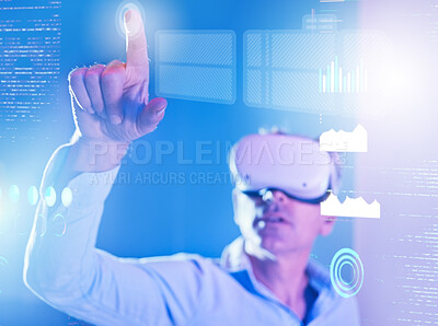 Buy stock photo Businessman, metaverse or virtual reality in data analysis, digital transformation ai or neon future company chart. Finance worker, hand and futuristic touch in vr headset or 3d investment management