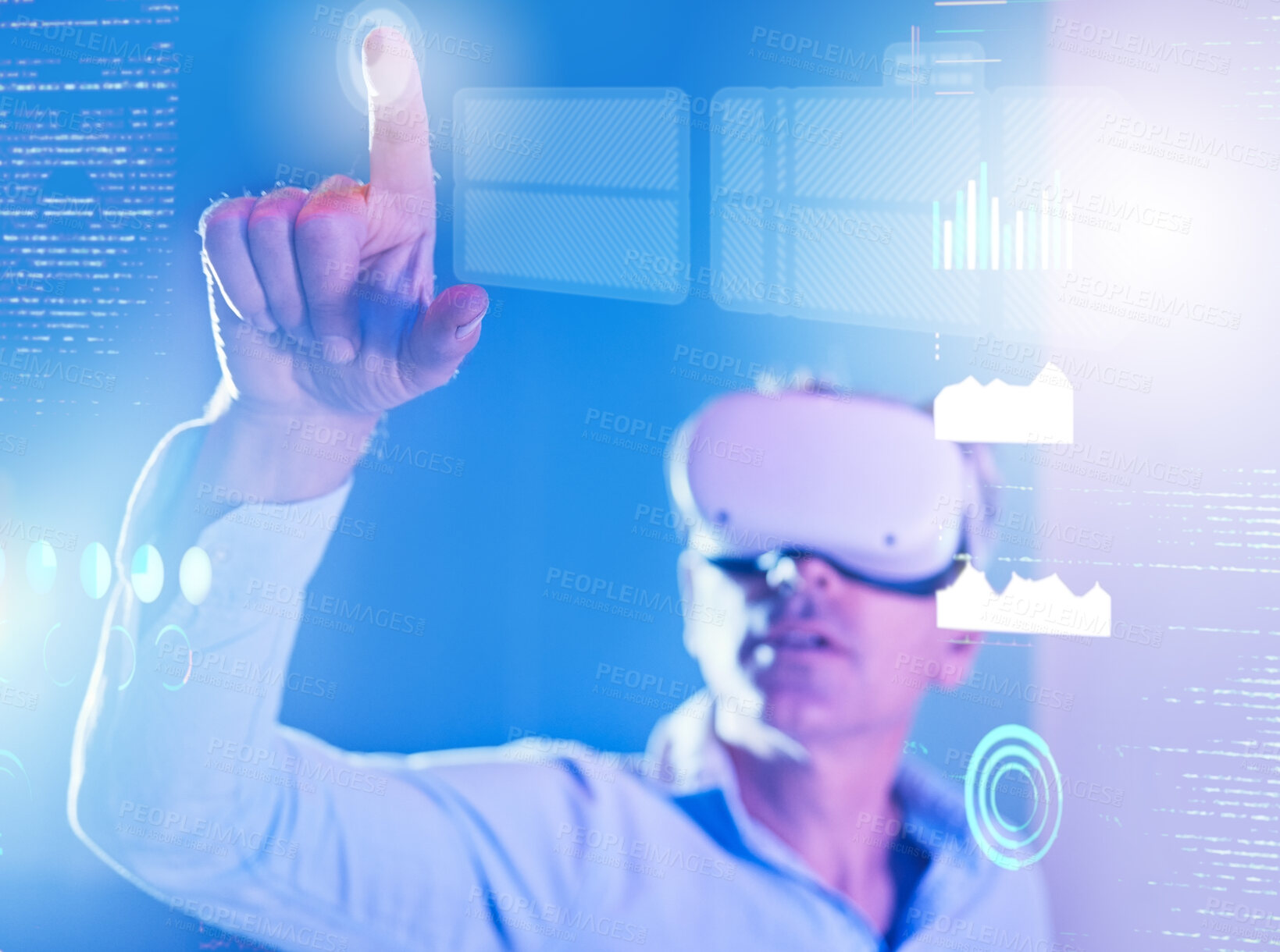 Buy stock photo Businessman, metaverse or virtual reality in data analysis, digital transformation ai or neon future company chart. Finance worker, hand and futuristic touch in vr headset or 3d investment management