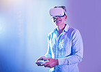 VR, metaverse and man gaming in a neon room, happy with creative technology and 3d game with glasses. Relax, excited and gamer with smile for virtual reality, digital and experience of online games