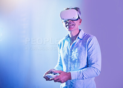 Buy stock photo VR, metaverse and man gaming in a neon room, happy with creative technology and 3d game with glasses. Relax, excited and gamer with smile for virtual reality, digital and experience of online games