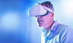 Virtual reality, vr metaverse or senior man with 3d goggles for virtual lights, cyber experience or augmented reality. Future, digital innovation or futuristic person with creative simulation tech